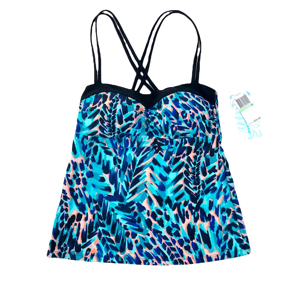 Beach Diva Color Splash Tankini Cross Braided Straps Swim Top Size 8 NEW